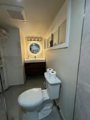a bathroom with a white toilet and a sink at Modern 2 bedrooms 1 bath updated unit Near Downtown Kitchener & Airport in Kitchener