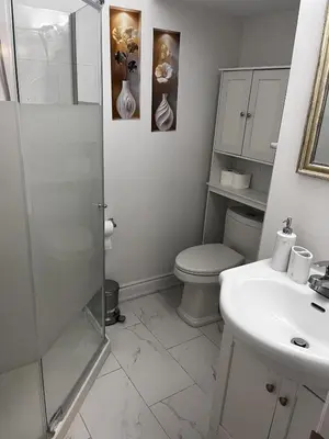 a bathroom with a toilet and a shower and a sink at Brand New Comfortable and Cozy Apartment near the Airport in Toronto