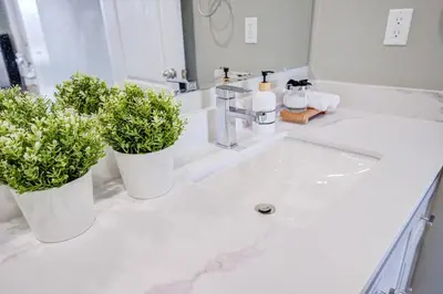 two white vases with plants on a bathroom sink at Cozy Studio with 2 Beds & Private Bathroom in Toronto