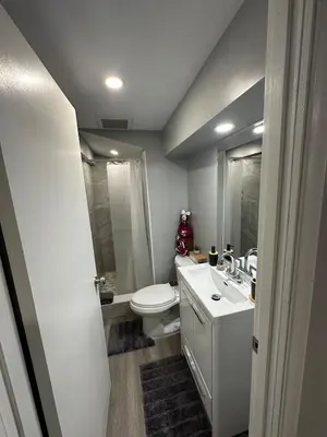 a bathroom with a white toilet and a sink at 1 Bedroom Basement with parking and Backyard in Hamilton