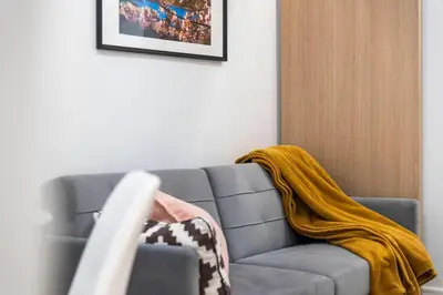 a living room with a couch with a blanket on it at High Park Oasis Modern 1B1B, Kitchen, Laundry in Toronto