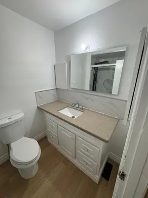 a bathroom with a toilet and a sink and a mirror at Private Room Near Airport D34 in Mississauga
