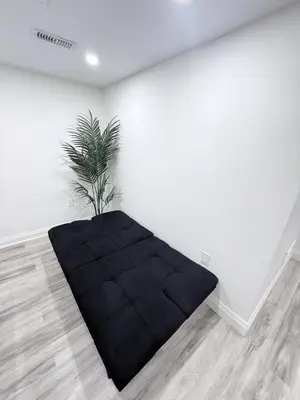 a black bed in a white room with a plant at The Urban Executive Suite - Premier Kitchener Loft in Kitchener