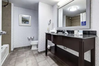 a bathroom with a sink and a toilet and a mirror at Hampton Inn & Suites by Hilton Brantford in Brantford