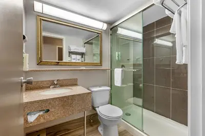 a bathroom with a toilet and a sink and a shower at Quality Inn & Suites 5585 Ambler Drive Mississauga Ontario in Mississauga