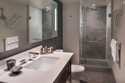 a bathroom with a white sink and a shower at Toronto Marriott City Centre Hotel in Toronto
