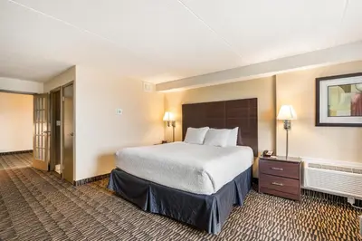 a hotel room with a large bed and a desk at Ramada Plaza by Wyndham Niagara Falls in Niagara Falls