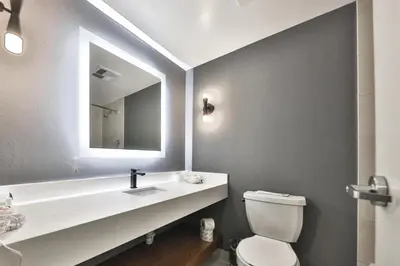 a bathroom with a toilet and a sink and a mirror at Admiral Inn Mississauga in Mississauga