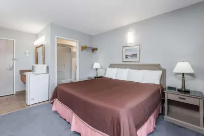 a hotel room with a large bed and two lamps at London Travel Inn in London