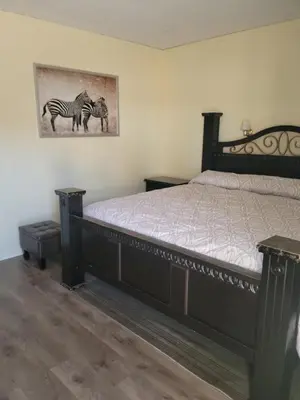 a bedroom with a bed with a picture of zebras at Olympia Motel in Niagara Falls
