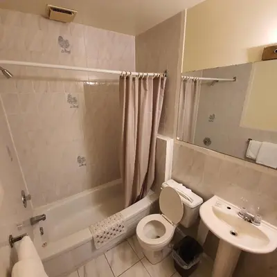 a bathroom with a toilet and a sink and a tub at Olympia Motel in Niagara Falls