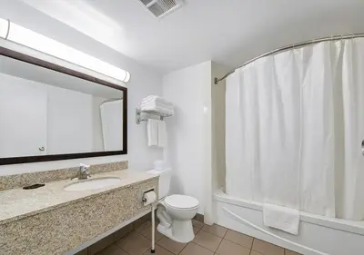a bathroom with a sink and a toilet and a mirror at Deluxe Inn in Toronto