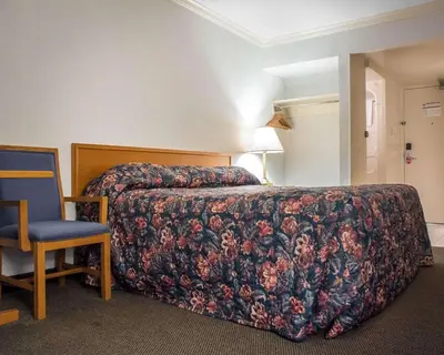a bedroom with a bed with a floral bedspread and a chair at Econo Lodge By the Falls in Niagara Falls