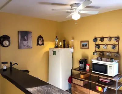 a kitchen with a white refrigerator and a microwave at Blue Gables Bed and Breakfast in Niagara Falls