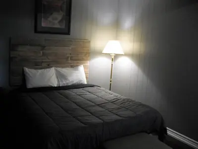 a bedroom with a bed with a lamp next to it at Eastwood Motel in Woodstock