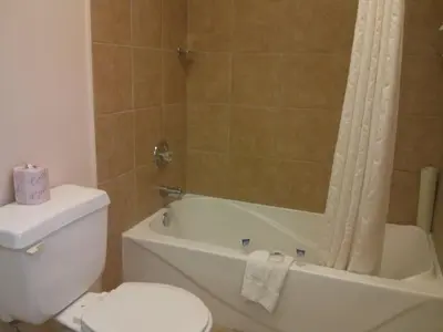 a bathroom with a toilet and a tub and a sink at Port Motel in Port Colborne