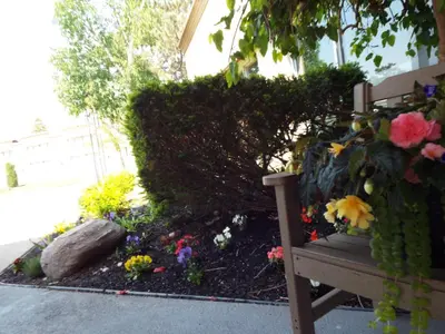 a garden with flowers and a bench in front of a house at Quality Inn in Owen Sound