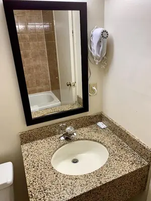 a bathroom with a sink and a mirror at Super 5 Inn in Mississauga