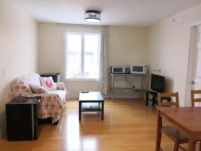 a living room with a chair and a table at Dairy Homestay in Toronto