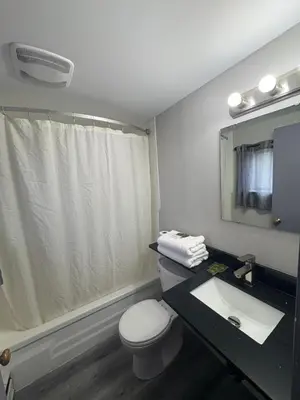 a bathroom with a white toilet and a sink at Advance Inn in Niagara Falls