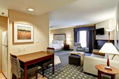 a hotel room with a bed and a desk at Homewood Suites by Hilton Toronto Mississauga in Mississauga