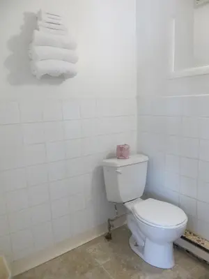 a bathroom with a toilet and some white towels at Relax Inn-Collingwood in Collingwood