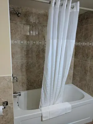 a bathroom with a bath tub with a shower curtain at Luxury Inn in Collingwood