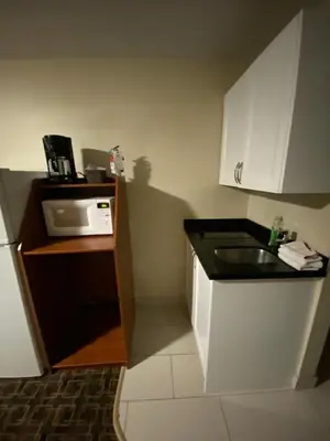a small kitchen with a sink and a microwave at Angus Inn Motel in Angus
