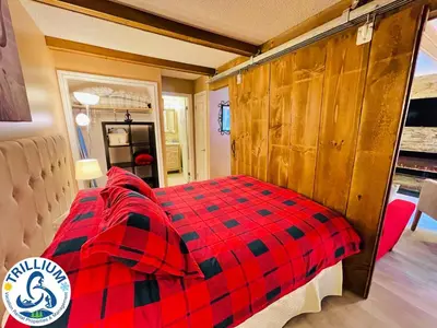 a bedroom with a red and black checkered bed at Rustic Mountainside Chalet in Blue Mountains