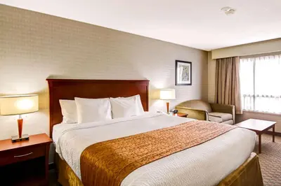 a hotel room with a large bed and a window at Quality Inn in Kitchener