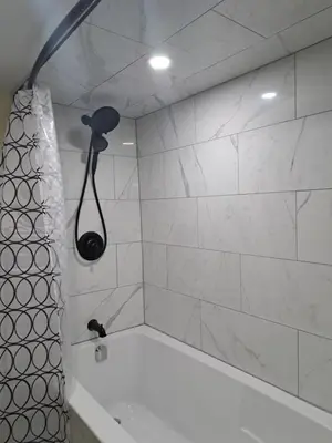 a shower with a blow dryer in a bathroom at Carrousel Bed & Breakfast in Cayuga