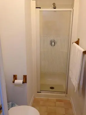 a bathroom with a shower and a toilet at Lotus Motel in Cobourg