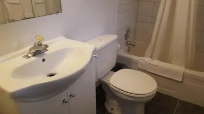 a bathroom with a sink and a toilet and a shower at All Seasons Motel in Port Elgin