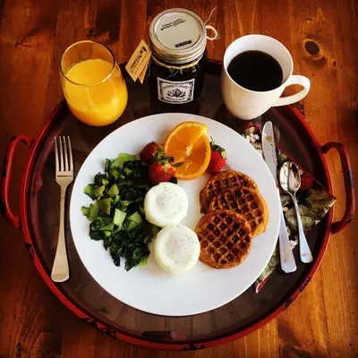 a plate of breakfast food on a table with a cup of coffee at Tailwinds B&B in Erin