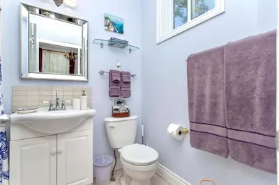 a bathroom with a toilet and a sink and a mirror at Redwood Bed and Breakfast in Niagara Falls
