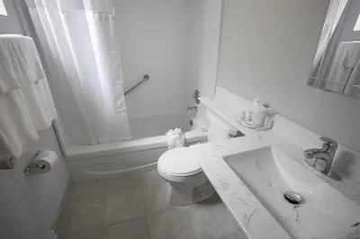 a white bathroom with a toilet and a sink at The Falls Hotel & Inn in Niagara Falls