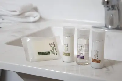 a bathroom counter with three bottles of moisturizers on it at The Falls Hotel & Inn in Niagara Falls