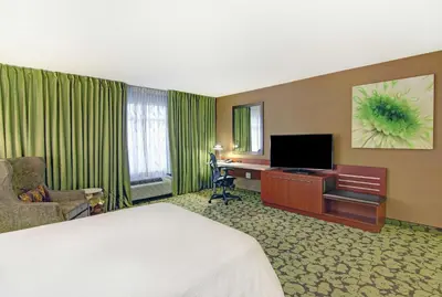a hotel room with a bed and a desk and a television at Hilton Garden Inn Toronto/Markham in Thornhill