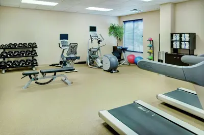 a gym with exercise equipment in a room at Hilton Garden Inn Toronto/Burlington in Burlington