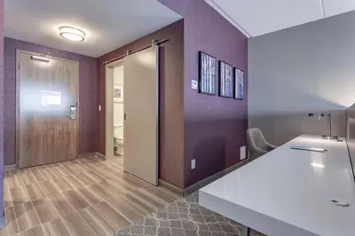 a bathroom with purple walls and a sink and a toilet at Hilton Garden Inn Toronto/Brampton West, Ontario, Canada in Brampton
