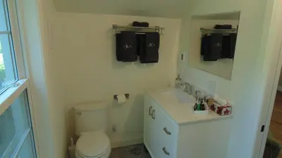 a bathroom with a toilet and a sink and a mirror at Carriage House On Kent in Niagara on the Lake