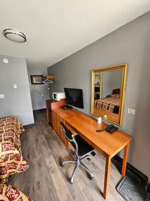 a bedroom with a desk and a bed and a mirror at Forest Plaza Motel in Mount Forest