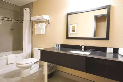 a bathroom with a sink and a toilet and a mirror at Quality Inn in Bracebridge