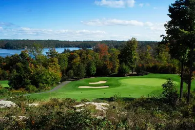 an aerial view of a golf course with a green at Sherwood Inn in Port Carling