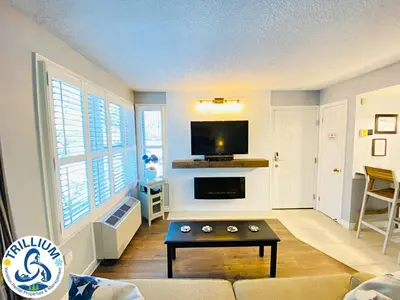 a living room with a couch and a coffee table at Slopeside Blue Mountain Condo - Wifi, Linens/Towels, Ski In/Out in Blue Mountains