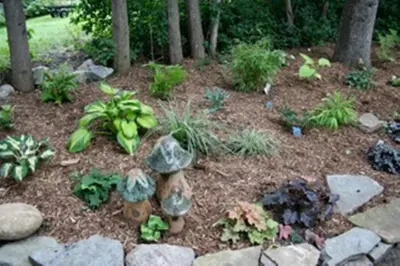 a garden with rocks and plants and trees at Burley's Executive Garden Suite in Peterborough