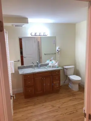 a bathroom with a sink and a toilet at Muskoka Lakes Hotel and Resorts in Port Carling
