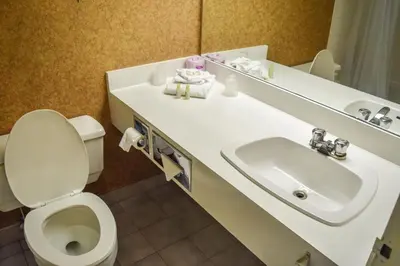 a bathroom with a toilet and a sink at Toronto Metropolitan University-International Living Learning Residence in Toronto