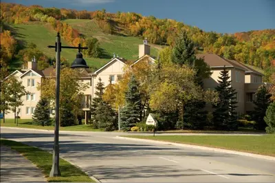 a street light on the side of a road with houses at Mountainwalk in Blue Mountains