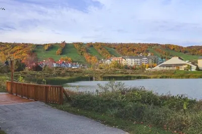 a river with a wooden fence next to a town at Wintergreen 223 in Blue Mountains